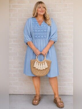 Heyson NEW Plus Size 2x: Boho Light Blue Embroidered V-Neck Dress